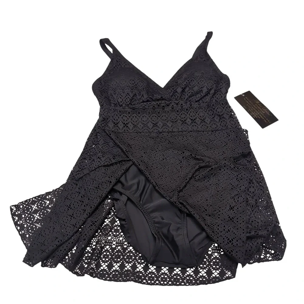 ALISHA LEVINE Swim Dress Womens Size 12 Black Crochet Swimsuit Swimwear NEW NWT - Picture 5 of 11